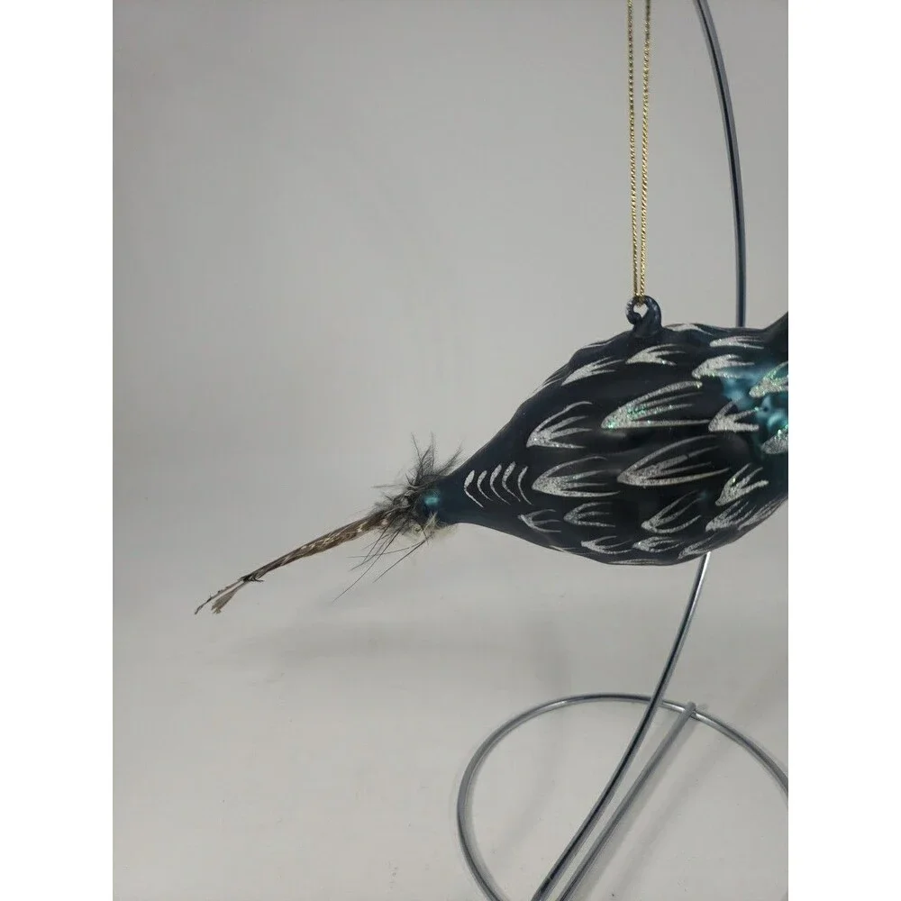 Blown Glass Bird Christmas Tree Ornament Feathers Glitter Dark Green Unique
